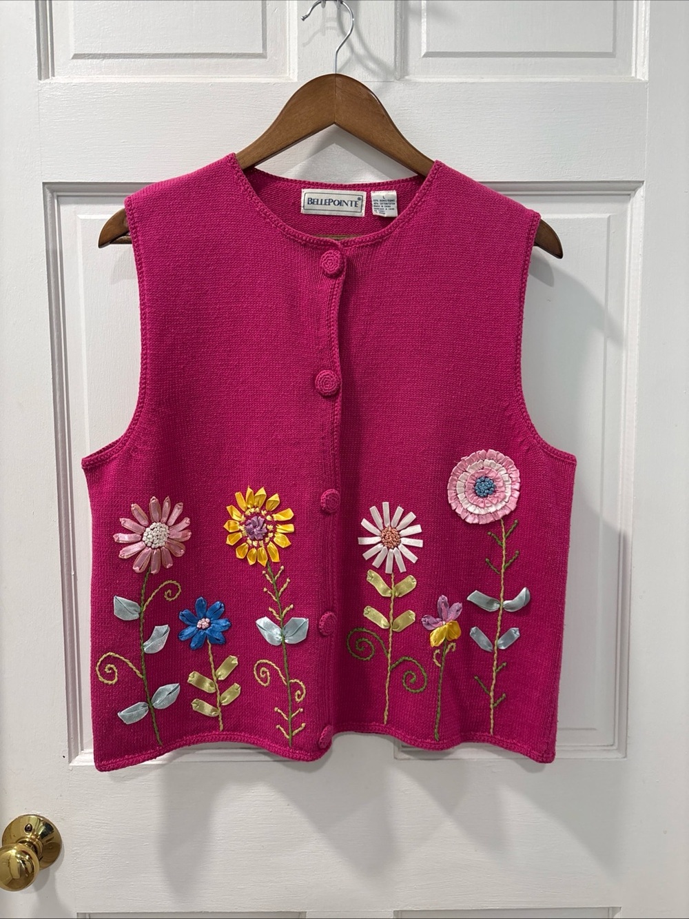 Belle Pointe Women’s Vintage Sweater Vest Size Large Pink With Ribbon Flowers
